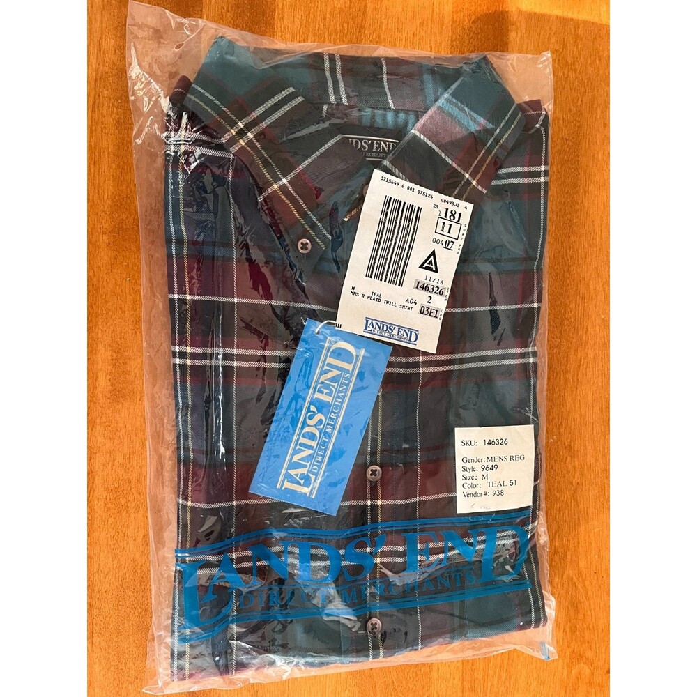 Lands End Plaid Twill Button Down Shirt 100% Cotton Teal Red Plaid Medium NEW